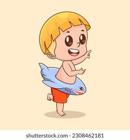 Cute illustration of a boy with a happy face welcoming summer, using a shark themed float