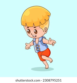 Cute illustration of a boy with a happy face welcoming summer, use body floats and swimming attire