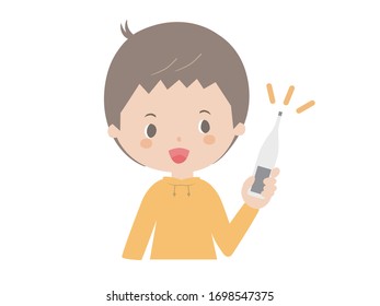 
It is a cute illustration of a boy holding a thermometer.