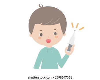 
It is a cute illustration of a boy holding a thermometer.