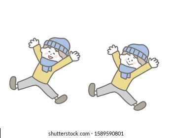 Cute illustration of a boy playing happily on a snowy day.