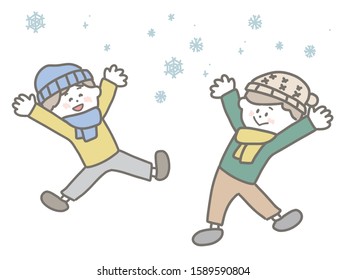 Cute illustration of a boy playing happily on a snowy day.