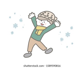 Cute illustration of a boy playing happily on a snowy day.