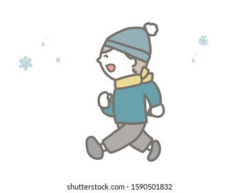 Cute illustration of a boy playing happily on a snowy day.