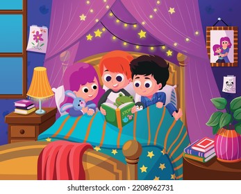 cute illustration of a boy reading a bedtime story book to his friend lying on the bed at the window. tell fairy tales.