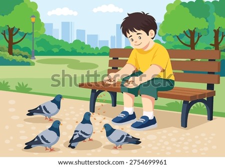 Cute illustration of a boy sitting on a park bench feeding pigeons with grains. Scene shows a peaceful outdoor park environment with trees, grass and city buildings in the background. Concept of kindness to animals, childhood activity and urban park life.