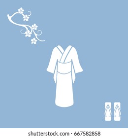 Cute illustration of branch of cherry blossoms and traditional japanese clothing and shoes. Set of Japan traditional design elements.