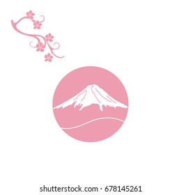 Cute illustration of branch of cherry blossoms and mount Fuji. Set of Japan traditional design elements.