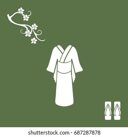 Cute illustration of branch of cherry blossoms and traditional japanese clothing and shoes. Set of Japan traditional design elements.