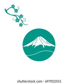 Cute illustration of branch of cherry blossoms and mount Fuji. Set of Japan traditional design elements.