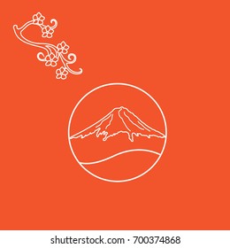 Cute illustration of branch of cherry blossoms and mount Fuji. Set of Japan traditional design elements.