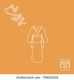 Cute illustration of branch of cherry blossoms and traditional japanese clothing and shoes. Set of Japan traditional design elements.