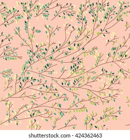 Cute illustration with branches. Seamless background with leaves.