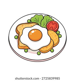 Uma ilustração fofa de um prato de café da manhã com ovo frito, torrada, tomate, alface e ervilhas.