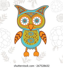 Cute illustration of bright owl character. Vector illustration