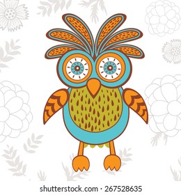 Cute illustration of bright owl character. Vector illustration