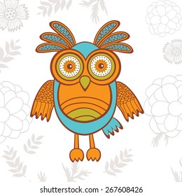 Cute illustration of bright owl character. Vector illustration