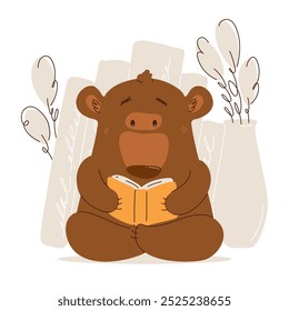 Cute illustration of a brown bear sitting with an open book, surrounded by decorative plants and simple background elements.