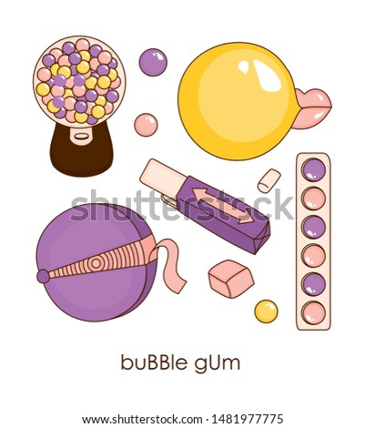 Cute illustration with a bubble gum. Vector set with hand drawn doodles on the theme of food. Sketches for use of design.