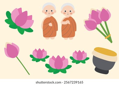 Cute Illustration of Buddhist Monks and Lotus Flowers