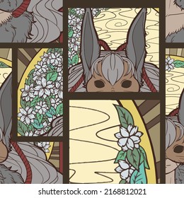 A cute illustration of a bunny with a long wavy hair in a bunny half-mask. A group of flowers and leaves are put together to create the impression of a crescent moon.
