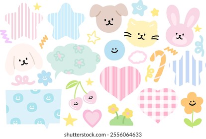 Cute illustration of bunny, puppy, cat, heart, cherry, candy, flower, star for animal, pet shop, vet, souvenir shop, happy easter, cute patch, kid doll, sticker, text bubble, adopt pet, rescue animals