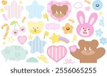 Cute illustration of bunny, teddy bear, heart, cherry, candy, flower, star, rainbow for animals, zoo, souvenir shop, happy easter, cute patch, kid doll, sticker, cartoon character, mascot, comic, icon