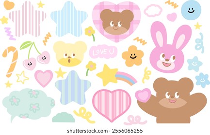 Cute illustration of bunny, teddy bear, heart, cherry, candy, flower, star, rainbow for animals, zoo, souvenir shop, happy easter, cute patch, kid doll, sticker, cartoon character, mascot, comic, icon