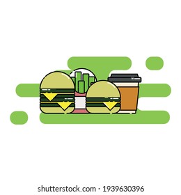 Cute Illustration of burger, cheese burger, french fries, and cofee. modern simple food vector icon, flat graphic symbol in trendy flat design style.