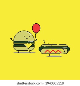 Cute Illustration of burger and hotdog holds balloon. modern simple food vector icon, flat graphic symbol in trendy flat design style, children wallpaper cartoon set.