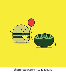Cute Illustration of burger and noodle holds balloon. modern simple food vector icon, flat graphic symbol in trendy flat design style, children wallpaper cartoon set.