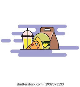 Cute Illustration of burger, a slice of pizza, soft drink, and its package. modern simple food vector icon, flat graphic symbol in trendy flat design style.