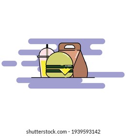 Cute Illustration of burger, soft drink, and its package. modern simple food vector icon, flat graphic symbol in trendy flat design style.