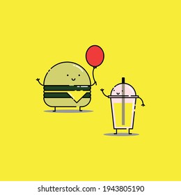 Cute Illustration of burger and softdrink holds balloon. modern simple food vector icon, flat graphic symbol in trendy flat design style, children wallpaper cartoon set.
