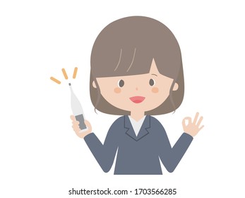 A cute illustration of a business woman with a thermometer.