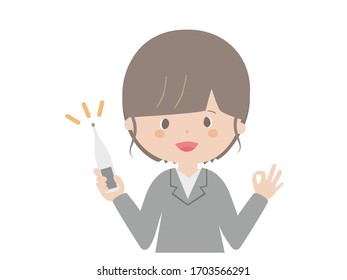 A cute illustration of a business woman with a thermometer.