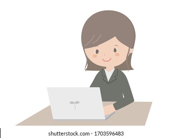 A cute illustration of a business woman working on a laptop.
