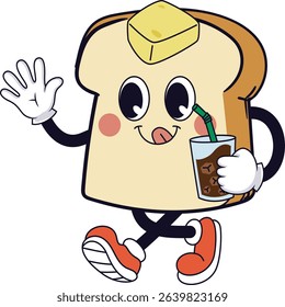 A cute illustration of a buttered toast character walking with a drink in hand, perfect as a fun breakfast mascot.

