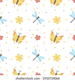 Cuidada ilustración con una mariposa, libélula, flores. Patrón sin fisuras para imprimir folleto, afiche, fiesta, impresión de verano, diseño textil, postal. Ilustración vectorial en un fondo blanco.