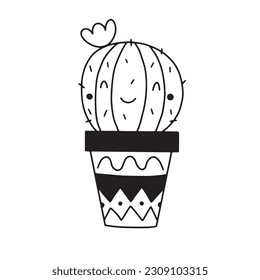 Cuta ilustración de un cactus en una olla. Ilustración vectorial en estilo doodle sobre fondo blanco para su diseño