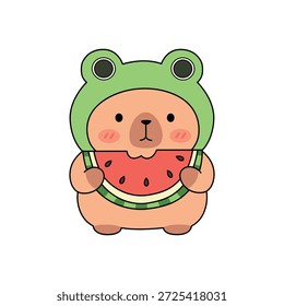 Una linda ilustración de un capibara sosteniendo una rebanada de Vector de sandía. Un Vector Clipart lindo de la sensación del verano acogedor del capibara. Capybara Vector Clipart de verano.