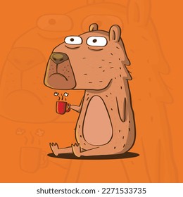 Cute illustration of Cute Capybara sit while hold a cup of hot coffee. Cute Capybara Cartoon Vector Illustration.