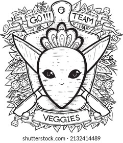 A cute illustration of a carrot with chopping board and a pair of knife style like a coat of arms or emblems. A line art of a vegetable as crest or blazon. A fun line art for coloring page or book.