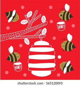 Cute illustration with cartoon bees. Vector.
