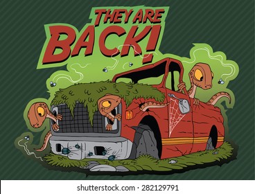 Cute illustration of a cartoon comic car fossil and little dinosaur creatures