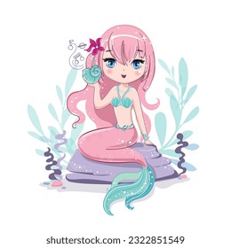 Cute illustration of a cartoon mermaid with a seashell on a white background. T-shirt art, pajamas