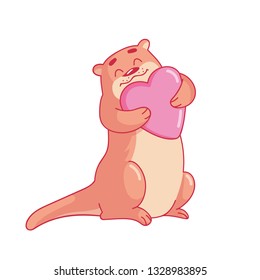 cute illustration of cartoon otter holding pink heart in hands. vector illustration in flat style