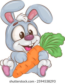 Cute Illustration of a cartoon rabbit sitting hugging a carrot. Positive and unique design. Children's illustration.