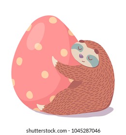 cute illustration of cartoon sloths hugs easter egga. funny animal illustration. happy easter card design