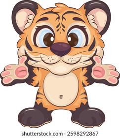 Cute illustration of cartoon tiger with arms outstretched for hugs. Unique design, children's mascot.